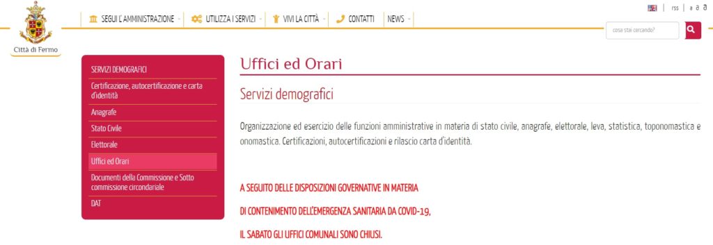 Uffici comunali chiusi il sabato a causa del covid 19