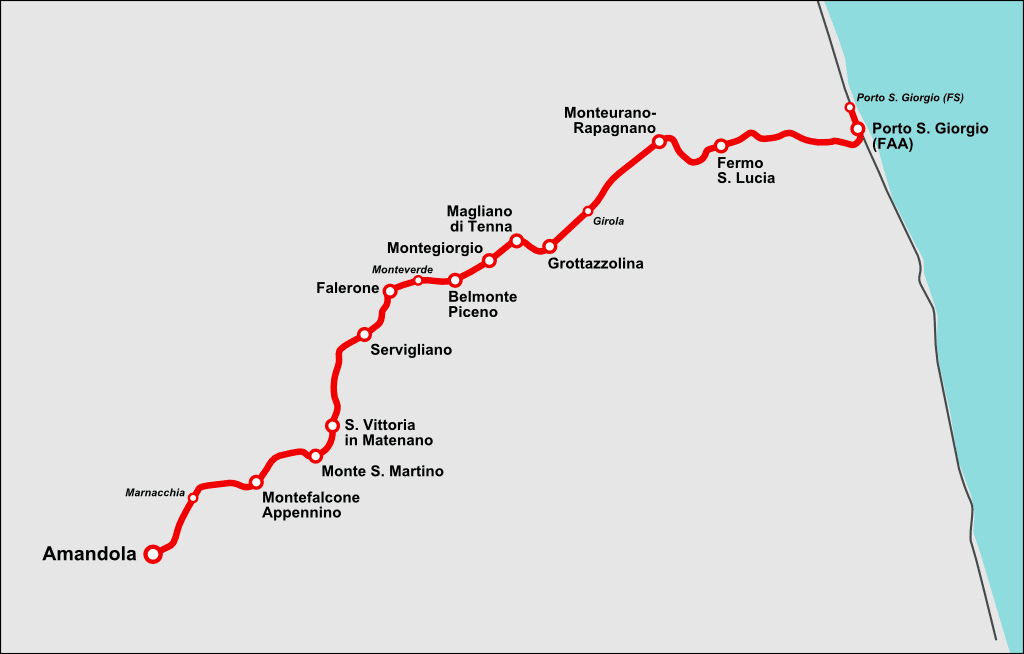 La "vecchia" linea ferroviaria che collegava Porto San Giorgio ad Amandola, inaugurata nel 1908