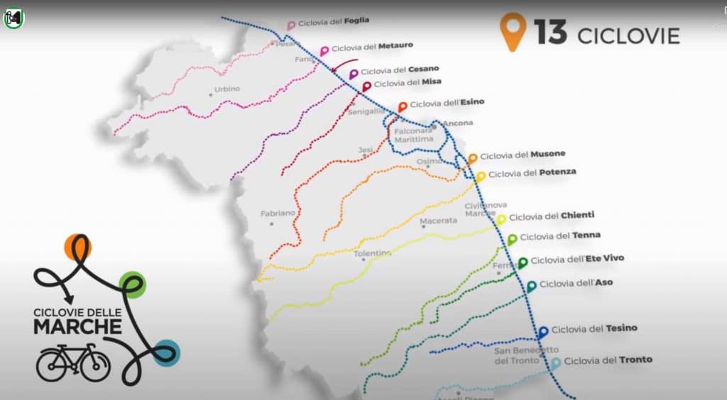 Le tredici ciclovie in realizzazione della Regione Marche che si collegheranno con la grande infrastruttura rappresentata dalla ciclovia dell'Adriatico