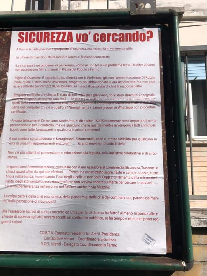 "Sicurezza vo' cercando" è il secondo manifesto di protesta affisso nella città di Fermo dai residenti del quartiere Lido Tre Archi