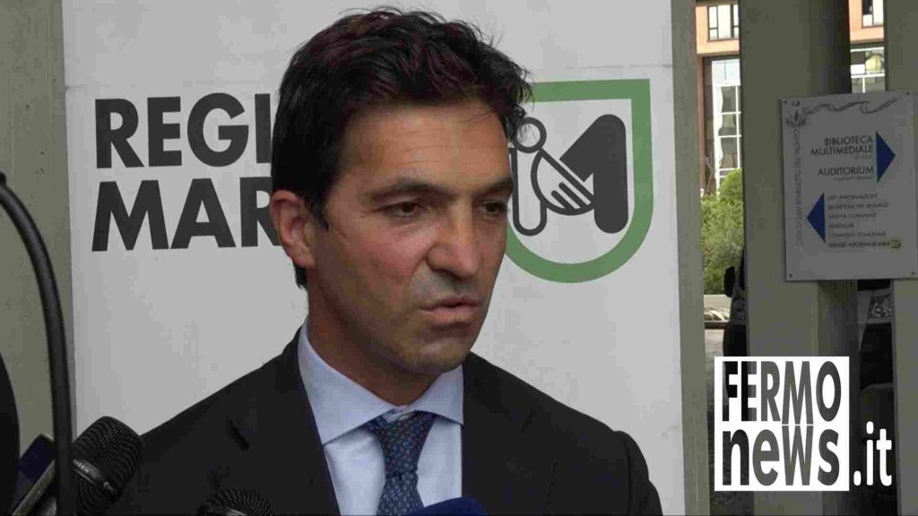 Il Presidente della Regione Marche, Francesco Acquaroli al temine del tavolo di lavoro con Autostrade Spa