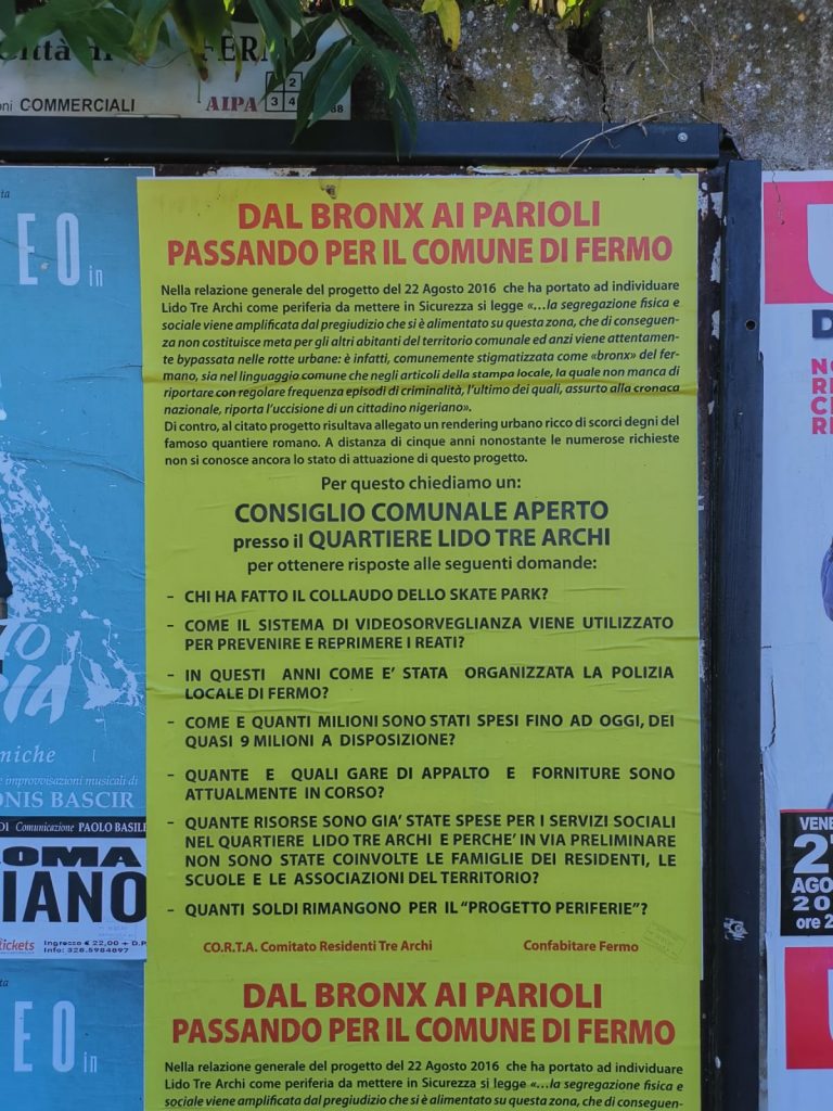 Manifesto del Comitato C.O.R.T.A. e Confabitare dal titolo " Dal Bronx ai Parioli passando per il Comune di Fermo"