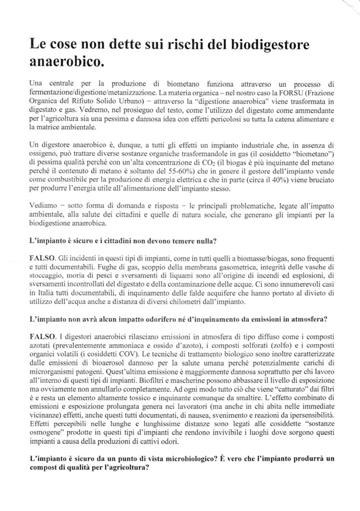 Manifestazione di Force dell' 11 Novembre 2023 contro la costruzione di un biodigestore. Il volantino che spiega i motivi