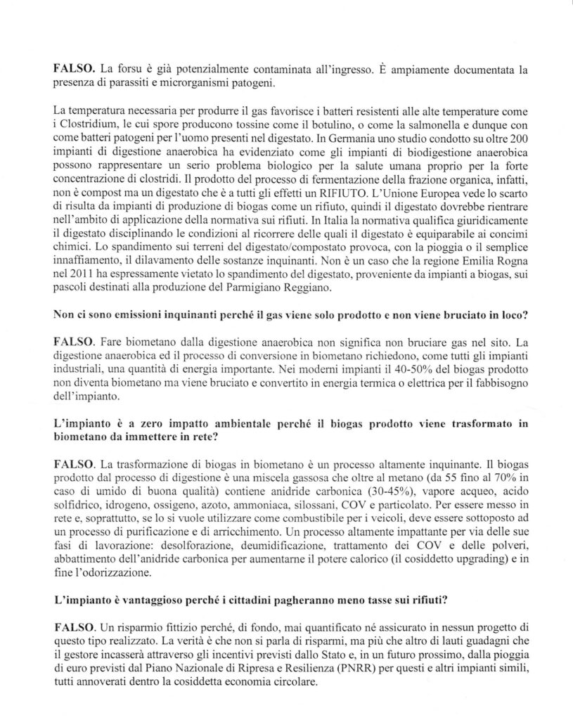 Manifestazione di Force dell' 11 Novembre 2023 contro la costruzione di un biodigestore. Il volantino che spiega i motivi